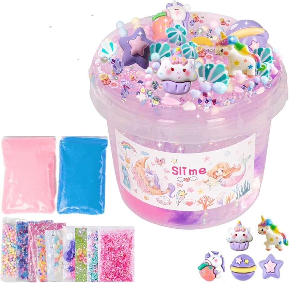 Clear Verträumt Slime Einhorn,10.2OZ rosa-violett Schleim mit Mehrfarbiger Glitzer Kinder und 12 Säckchen,Erstellen Sie mit MärchenThemen Schleim Selber Machen Set für 3 4 5 6 7 8 9 10 11 12 Geschenke