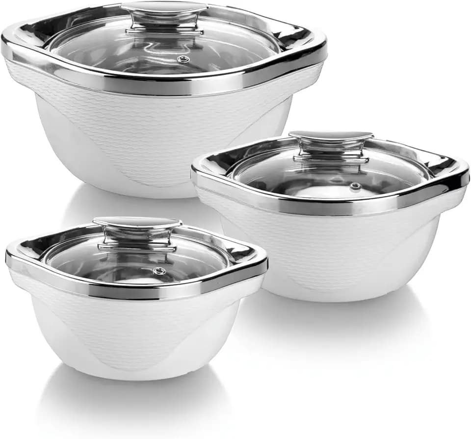 SIGNORA WARE Große isolierte Auflaufform mit Deckel, 3er-Set, Edelstahl-Heißtopf, Speisenwärmer, Kühler, Thermo-Suppen-/Salat-Servierschüssel, Edelstahl-Behälter für heiße Speisen, bestes Geschenk-Set