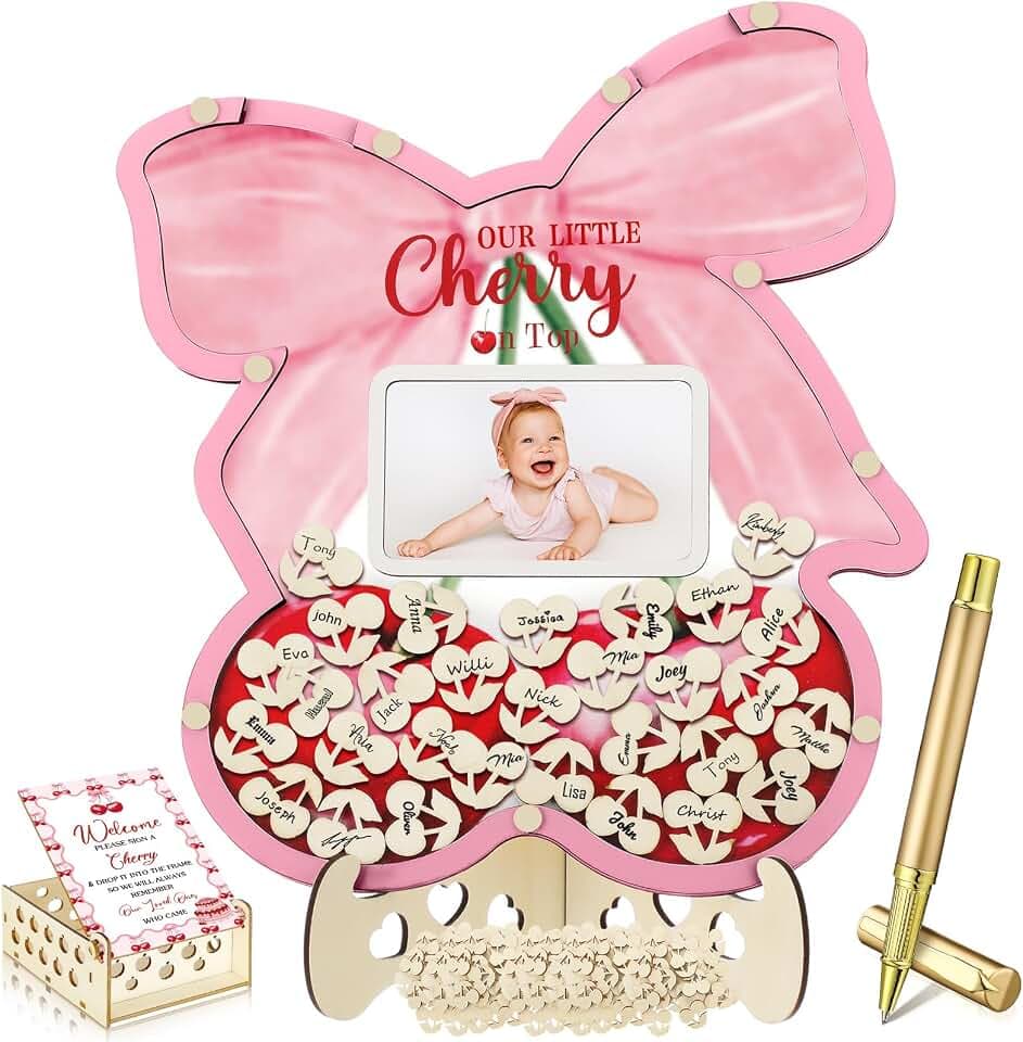 Wenqik 63 Pcs Cherry Baby Shower Guest Book,Pink