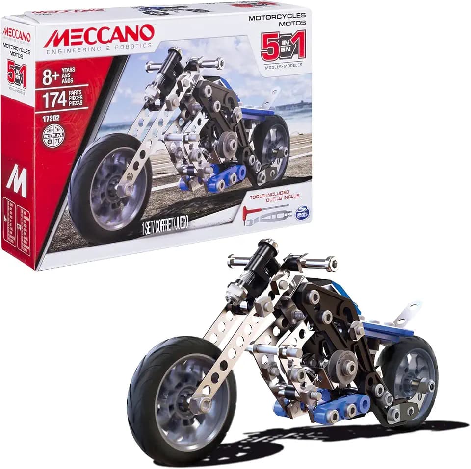 BANDAI - Meccano Motorrad 5-in-1 - Konstruktionsset 5 Modelle - 174 Teile, 2 Werkzeuge, Anleitung - Aktivitäts-Kit Motorrad-Zusammenbau - Spielzeug ab 8 Jahren - Geschenkidee für Sammler - APM20103