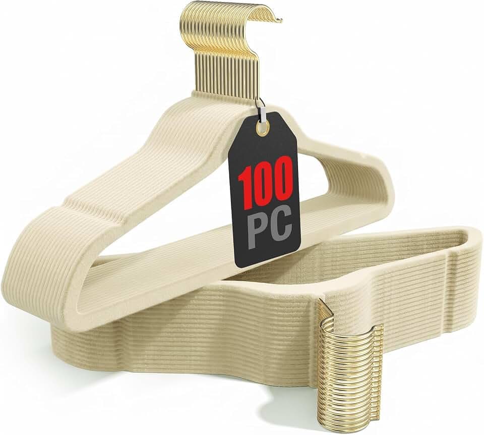 Korpai Velvet Hangers 100 Pack,Felt Hangers with Gold 360 Swivel Hook,Coat Hanger Non Slip,Heavy-Duty,Space Saving,Slim Clothes Hangers for Pants,Outfit,Skirts,Suits,Coats,Dresses ect,Beige