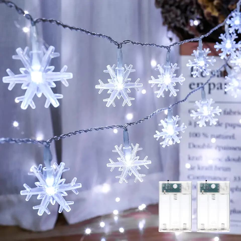 PhilzOps Weihnachten Lichterketten Innen, 2 Stück 40 LED Schneeflocke Lichterkette Auseen Batterie Betriebene Weihnachtsbaum Lichter für Schlafzimmer Indoor Party Zimmer Feier Garten Deko, Kalteweiß