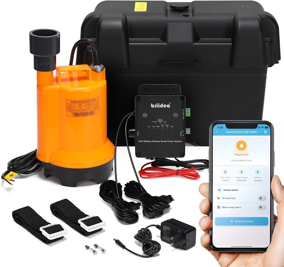 Briidea Battery Backup Sump Pump System for Basement, 12V Battery Compatible (Battery Not Included), Dual 2.4G/5G WiFi Monitoring, Electronic Water Level Sensor, Smart Alarm System