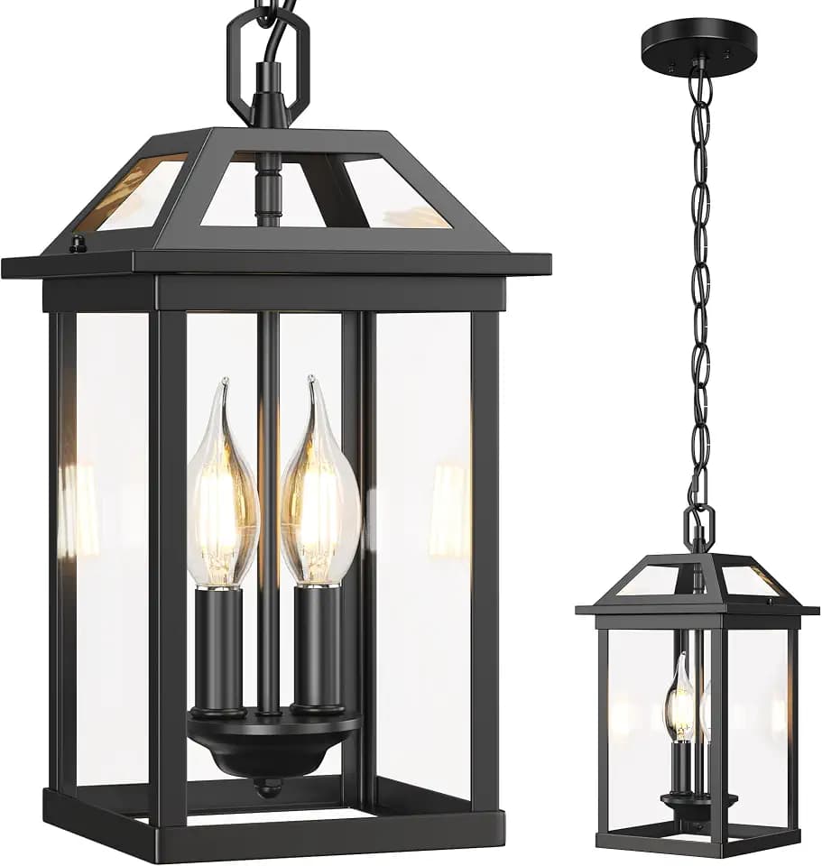 WIHTU Large Outdoor Pendant Light with 2 Bulbs, 14.96" Modern Hanging Lantern Ceiling Mount, Waterproof Outside Chandelier Exterior Hanging Fixture with Tempered Glass for Porch