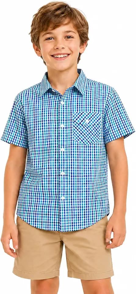 BIENZOE Jungen Baumwolle Plaid Knopf runter Sport Kurz Ärmel Hemd