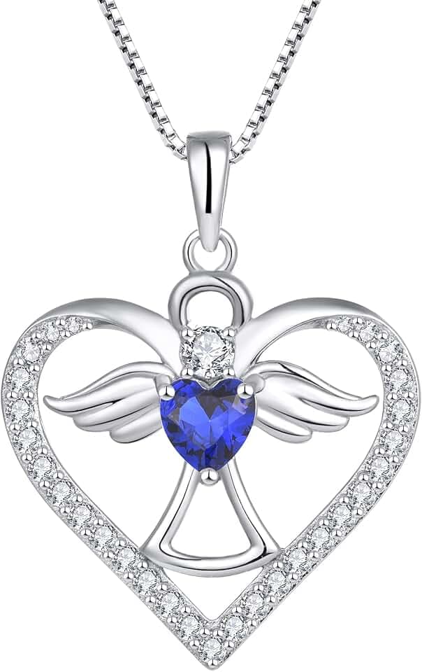 FJ Herz Schutzengel Kette Damen 925 Sterling Silber Engel Engelsflügel Halskette Anhänger Geburtsstein Zirkonia Kette Schmuck Geschenke für Frauen Mädchen