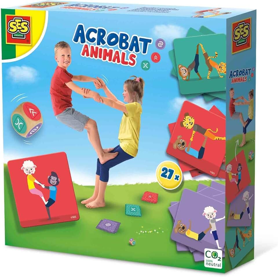 SES Creative Akrobatische Tiere | Yoga-Spielset | Outdoor spiele | Motorik-Aktivitäten | Made in Holland | für Kinder ab 5 Jahren | 27 Karten + Würfel | 02305, Diverse Farben