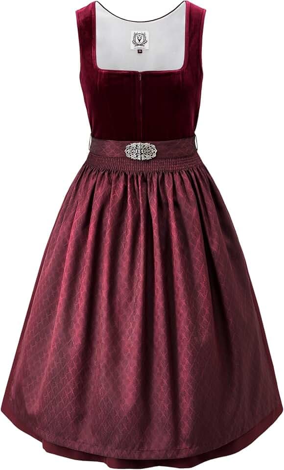DIRNDLSTERN Damen Trachtenkleid Rot - Midi Dirndlkleid Oktoberfest Outfit Samt Trachtenrock mit 60 cm Dirndlschürzen
