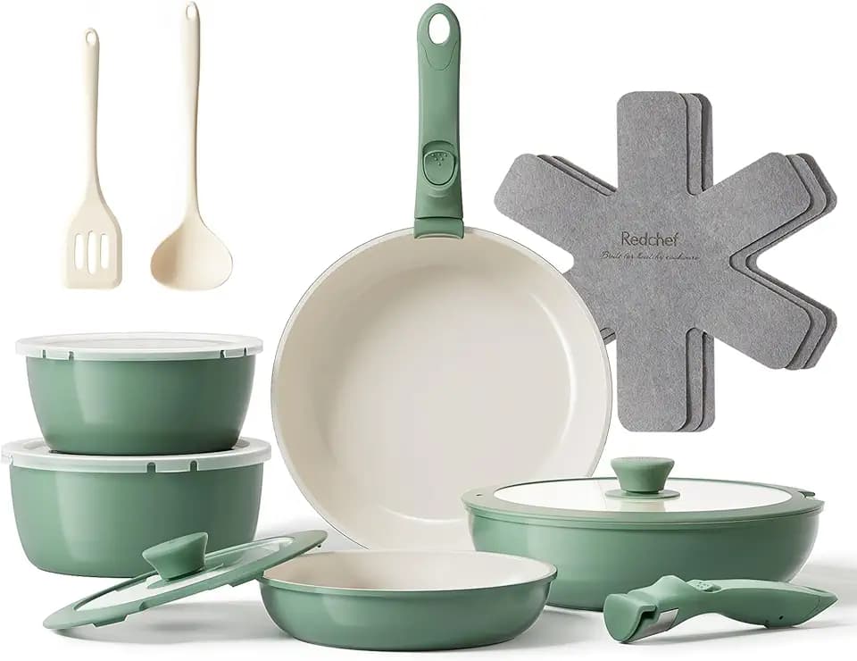 Redchef Pfannenset Topfsets 16-Teilig Antihaft-Keramik-Kochgeschirr-Set mit Abnehmbaren Griff, Pfanne 20/26cm, Tiefe Bratpfanne 26cm, Topf 18/20cm, Stapelbar Topfset Für alle Herdarten, Ofenfest Grün