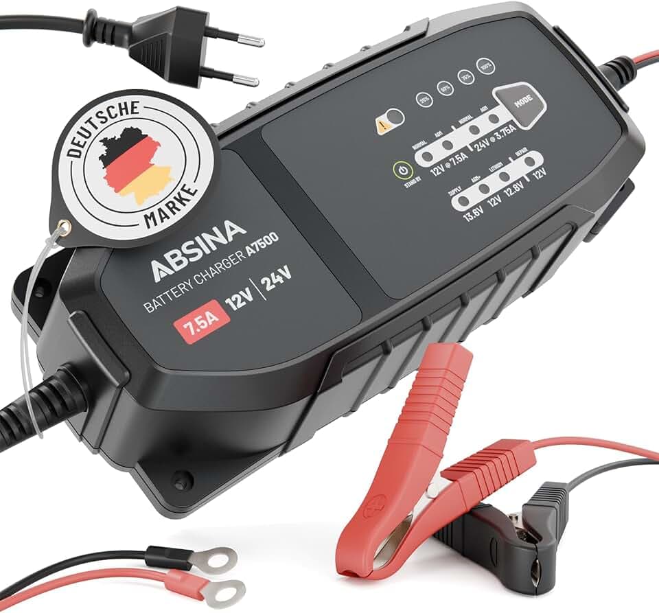 ABSINA 12V & 24V Batterieladegerät KFZ 7,5 A für Blei Batterie bis 240Ah | 12,8V Lithium - Batterie Ladegerät für Auto Wohnmobil LKW uvm - Erhaltungsladegerät Autobatterie