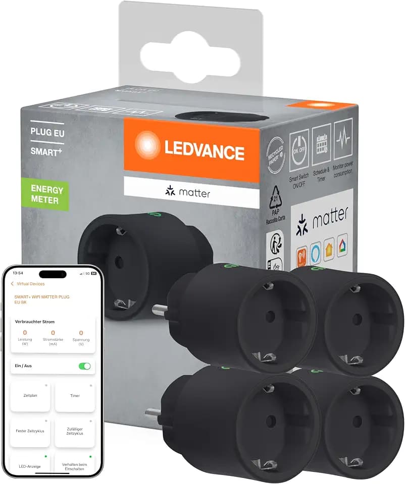 LEDVANCE SMART+ Indoor Plug, Smarte Steckdose mit Matter over WiFi,zur Einbindung konventioneller Geräte ins Smart Home, kompatibel mit Alexa, Google & Apple, misst&spart Stromverbrauch,schwarz,4-Pack