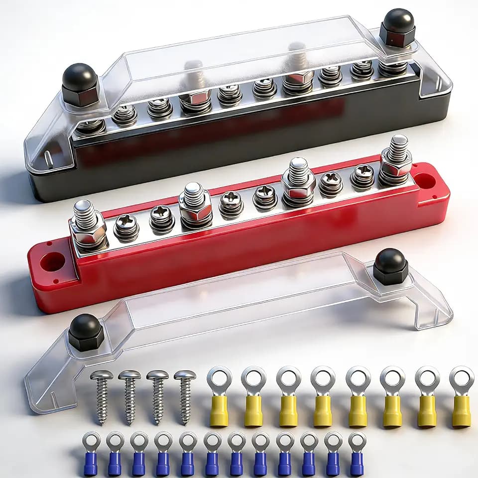 150A 12V Bus Bar Marine, 1/4" Power Distribution Block, Battery Buss Bar, Automotive Busbar Terminal Block for Car and Boat, 4 x 1/4" (M6) Posts, 6 x #8 (M4) Screws Terminals (Black+Red)