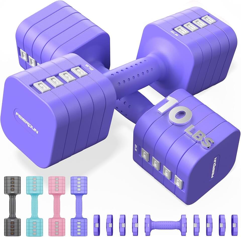 FEIERDUN DB3 5-in-1 Adjustable Dumbbell Set, 6LB/10LB Pair Adjustable Weights for Women at Home, Dual Locking Stable Hand Weights with TPU Soft Handle, Home Gym, Rehab, Pilates, Yoga, Strength Training