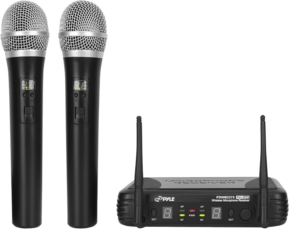 PYLE-PRO Professional Wireless Microphone System - Dual UHF Band, Wireless, Handheld, 2 MICS With 8 Selectable Frequency Channels, Independent Volume Controls, AF & RF Signal Indicators - PDWM3375