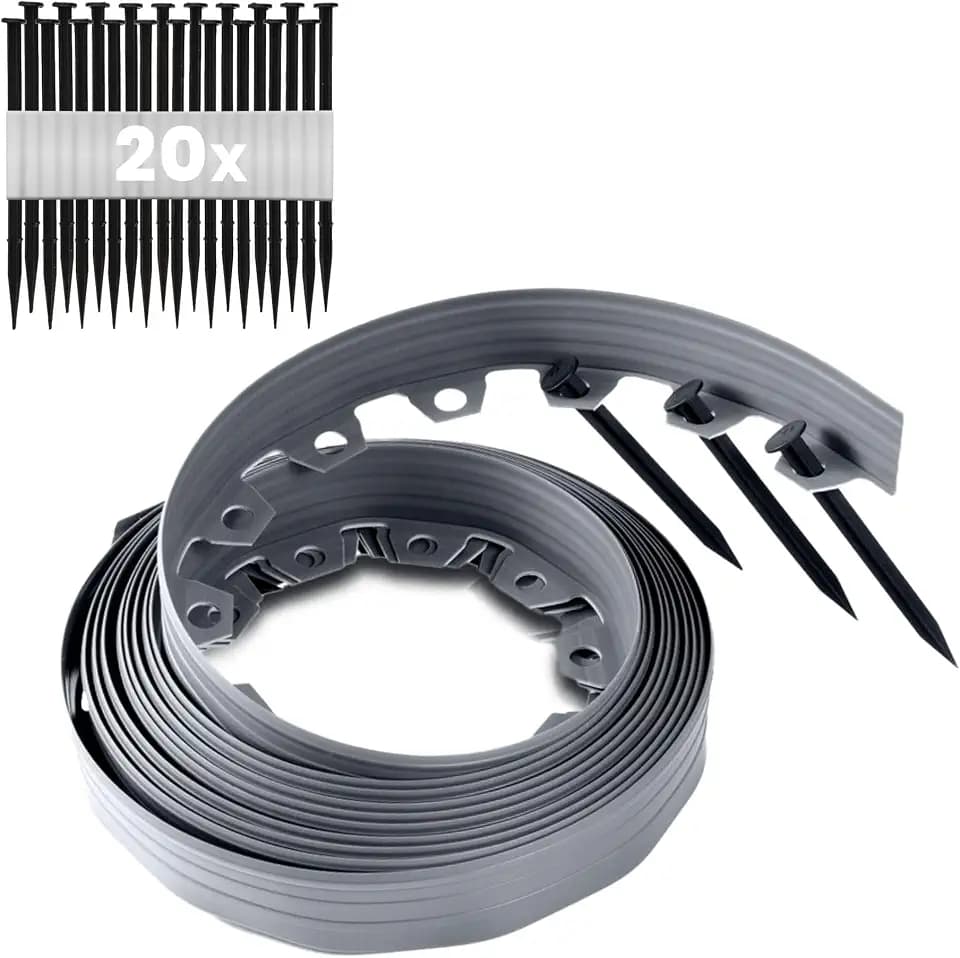 GARDENIX Flexible Rasenkante Kunststoff - Wetterbeständige Rasenabgrenzung Beeteinfassung Rund - Blumenbeet Umrandung - Grau, 10 m, 20 Erdanker, 6 cm Höhe
