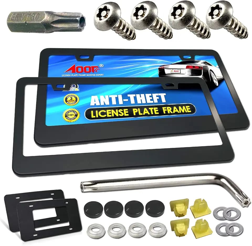 Aootf Anti Theft License Plate Frame, Black Aluminum Car Tag Holder, 2 Pack