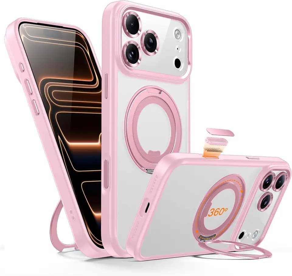 Magnetic for iPhone 17 Pro Case Camera Control Button with Stand [Compatible with MagSafe] [360° Rotatable Ring Holder Kickstand] [Military Grade Protection] 17Pro Phone Case 6.3 Inch, Pink