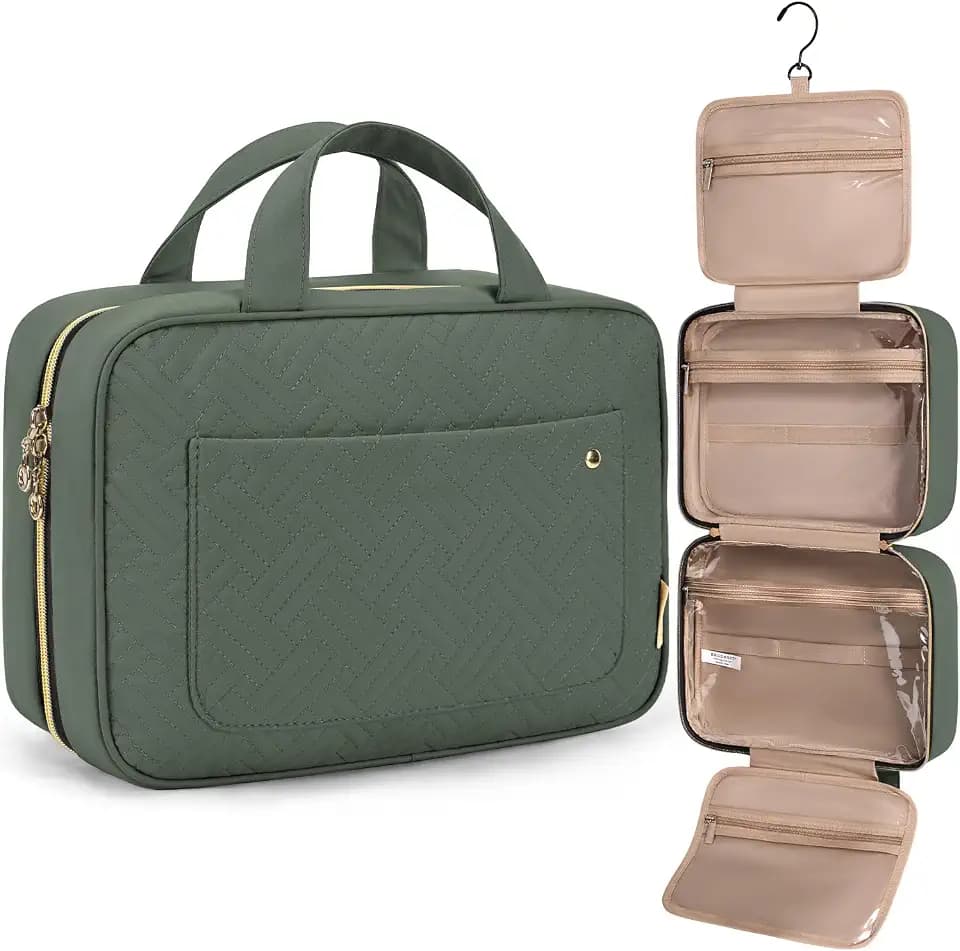 BAGSMART Toiletry Bag Travel Bag with Hanging Hook, Water-resistant Makeup Cosmetic Bag Travel Organizer for Accessories, Shampoo, Full-size Container, Toiletries (Hazy Green, Medium)
