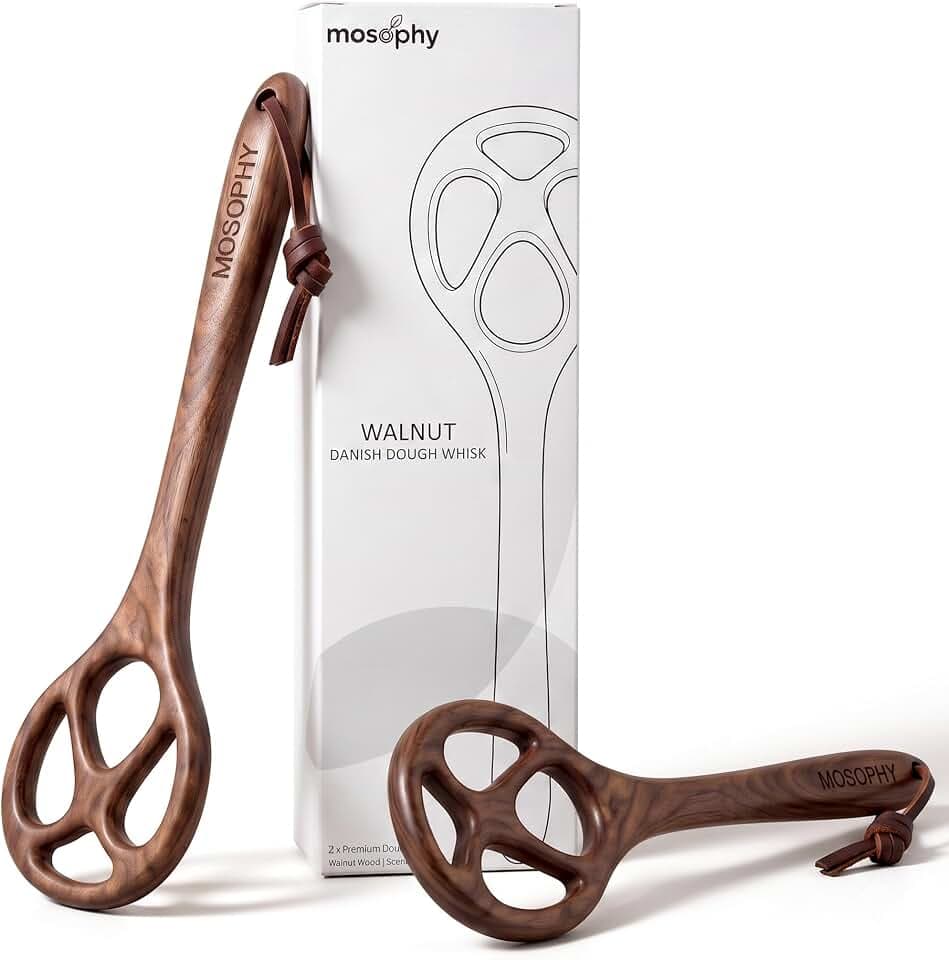 Premium Walnut Danish Dough Whisk, 12 Inch Solid Wooden Dough Whisk for Sourdough Whisk, Handheld Bread Whisk for Baking, Heavy Duty Pastry Batter Mixer Tool