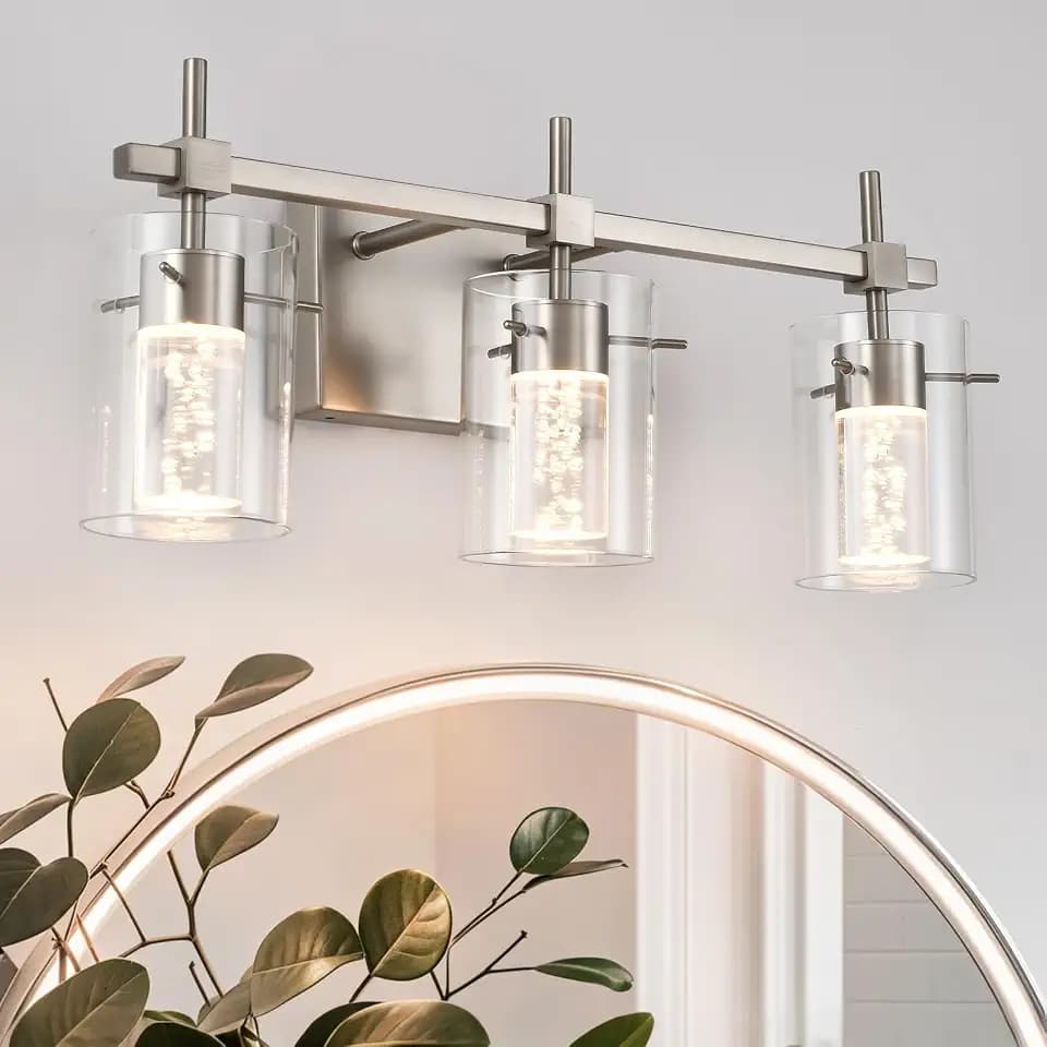 3-Light Brushed Nickel Bathroom Vanity Light with Clear Glass Shade