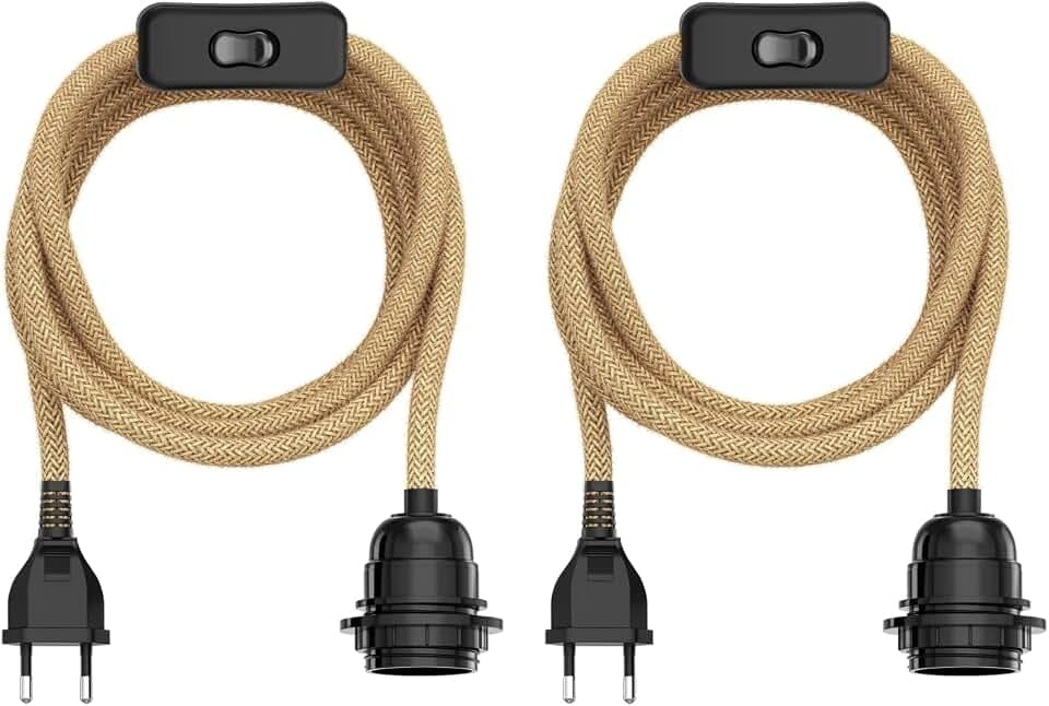 ledscom.de 2x Hanf-Kabel/Textilkabel LEKA, Stecker, Schalter, beige, 3 m, Lampen-Fassung, 1x E27 max. 60W