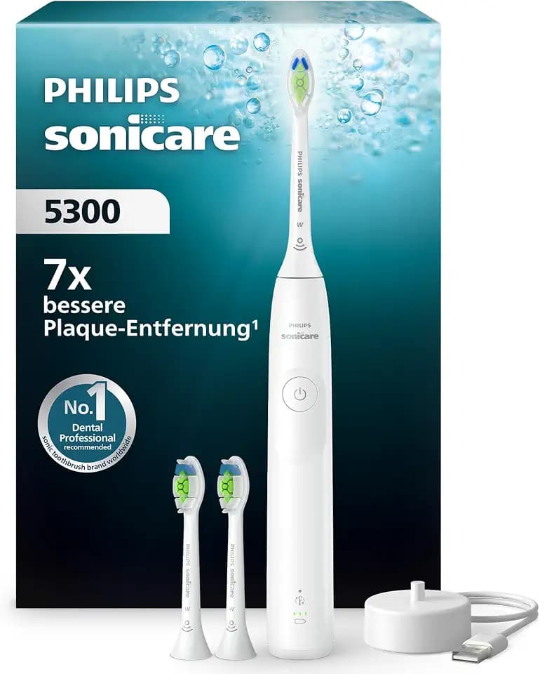 Philips Sonicare 5300 elektrische Zahnbürste, Schallzahnbürste mit 2 Intensitätsstufen, Andruckkontrolle, EasyStart, Smartimer und BrushPacer, Weiß, Modell HX7108/04 [Neue Technologie]