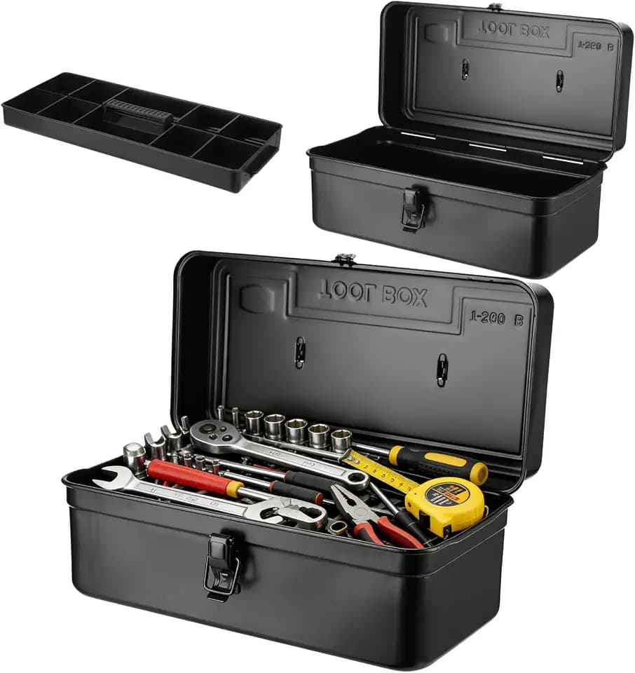 Portable Small Metal Tool Box & Parts Organizer – 14.2" x 6.8" x 6.5" Lockable Storage Case with Removable Plastic Dividers, for Craft Supplies, Garage Hardware, Screws, Home Projects – Black