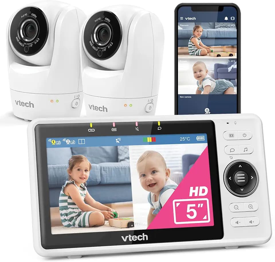 VTech Smart Babyphone mit 2 Kameras, 1080p-FHD-Kamera und 5"-HD-IPS-Bildschirm, WLAN, Geräusch-/Bewegungserkennung, Temperatursensor, geteiltem Bildschirm, Schwenk-Neige-Zoom-Funktion: VM901-2W