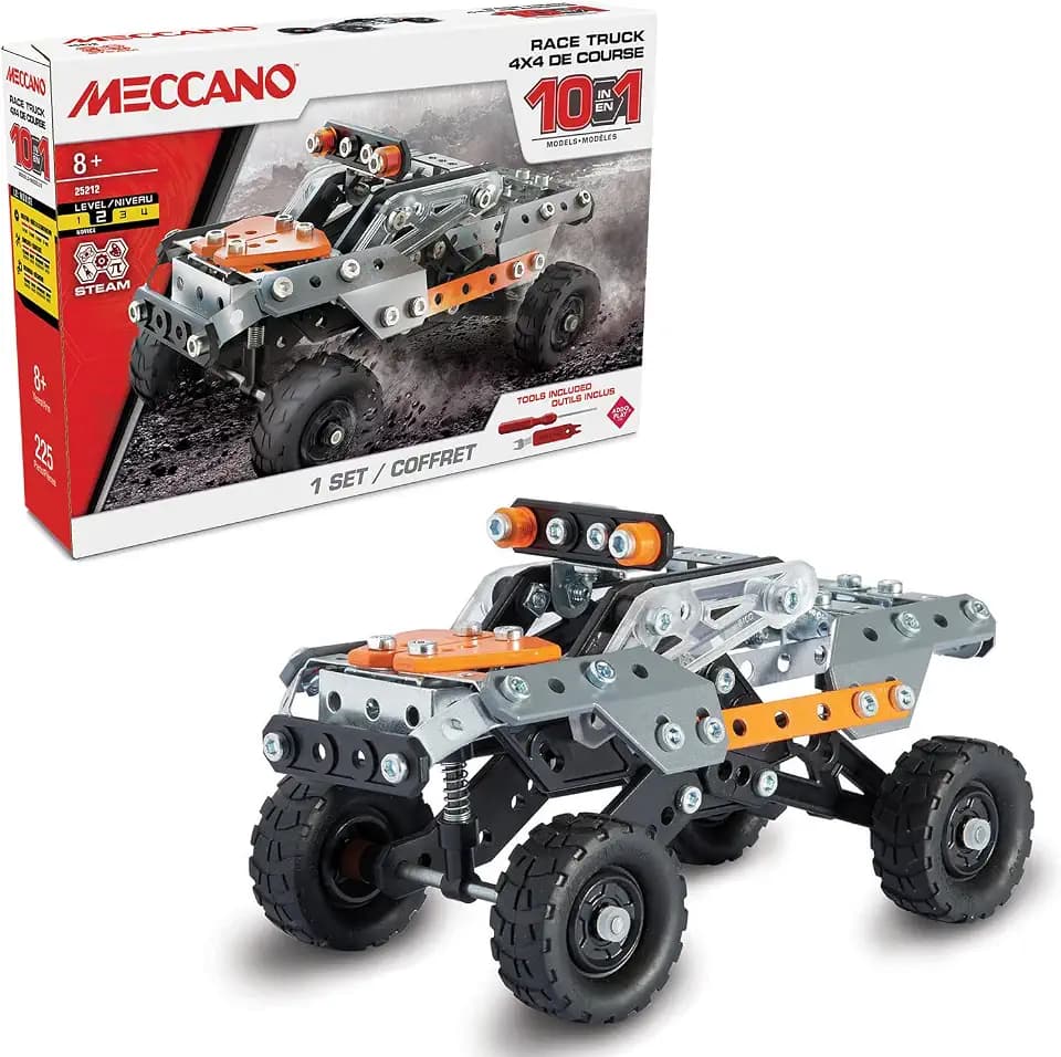 BANDAI – Meccano 4x4 Rennfahrzeuge 10-in-1 – Konstruktionsset 10 Modelle – 225 Teile, Werkzeuge, Anleitung – Aktivitäts-Kit Auto Modell Race Truck Rennfahrzeuge – Spielzeug ab 8 Jahren – APM11115