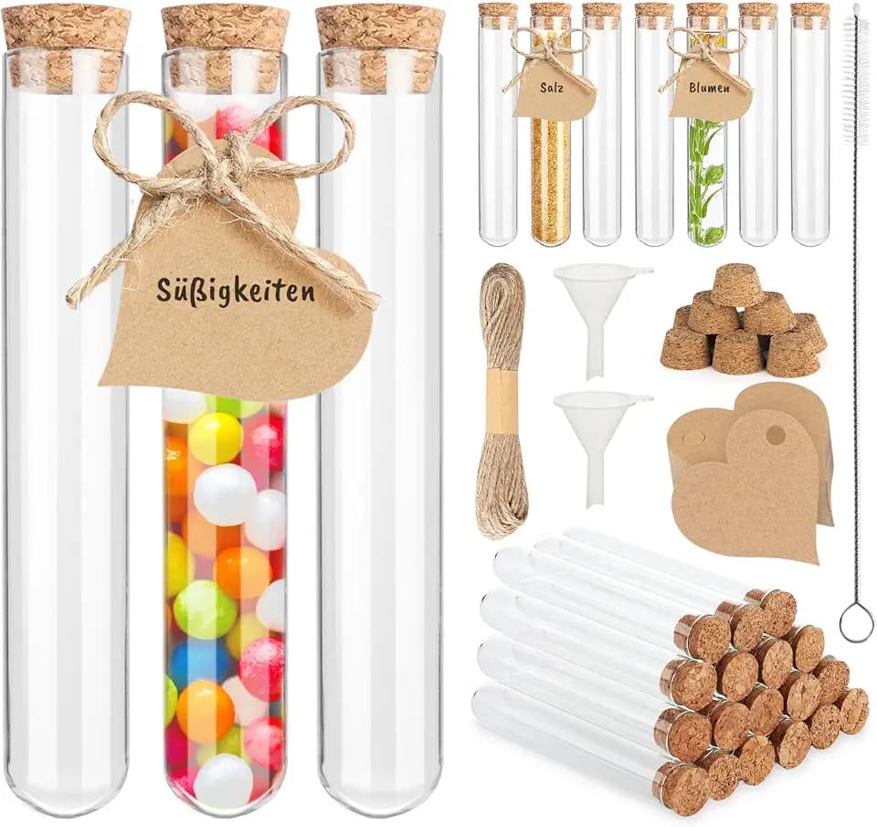 Mocraft 30 Stück Reagenzglas mit Korken Glas Transparent Reagenzgläser 20 x 150 mm Reagenzglas für Blumen, Hochzeiten,Gastgeschenke mit Kraftpapieranhänger