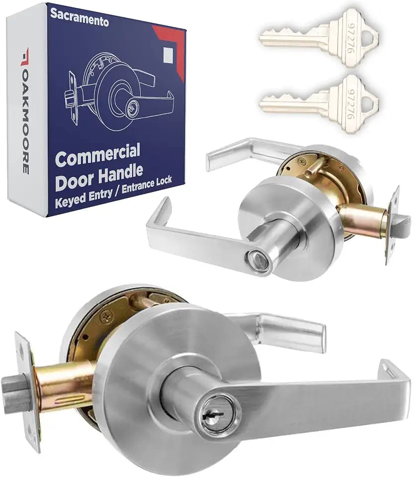 OAKMOORE Commercial Entry Door Handle Locks | Heavy Duty Commercial Door Handle | Commercial Door Locks Knob Grade 2 | Offices, Schools, Industrial Use | UL CUL & ADA | Satin Finish | ANSI A156.2