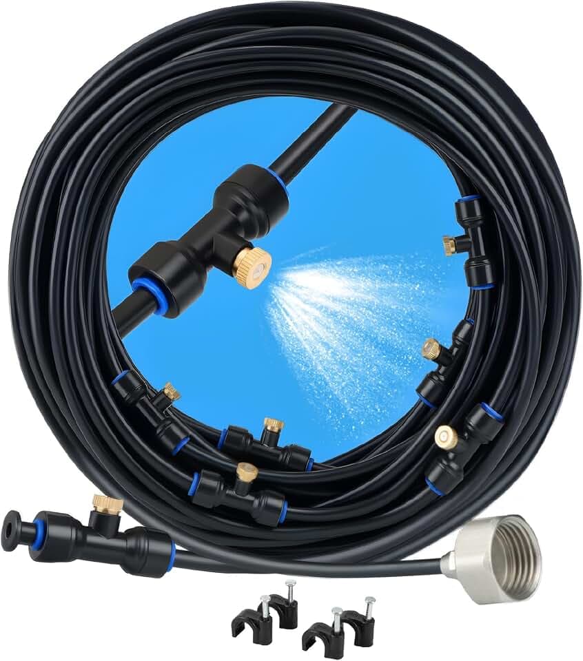 UNCO- Misting System, 75 FT, 28 Brass Mist Nozzles, 3/4" Brass Adapter, Misters for Outside Patio, Misting System for Patio, Garden, Greenhouse, Trampoline, Porch