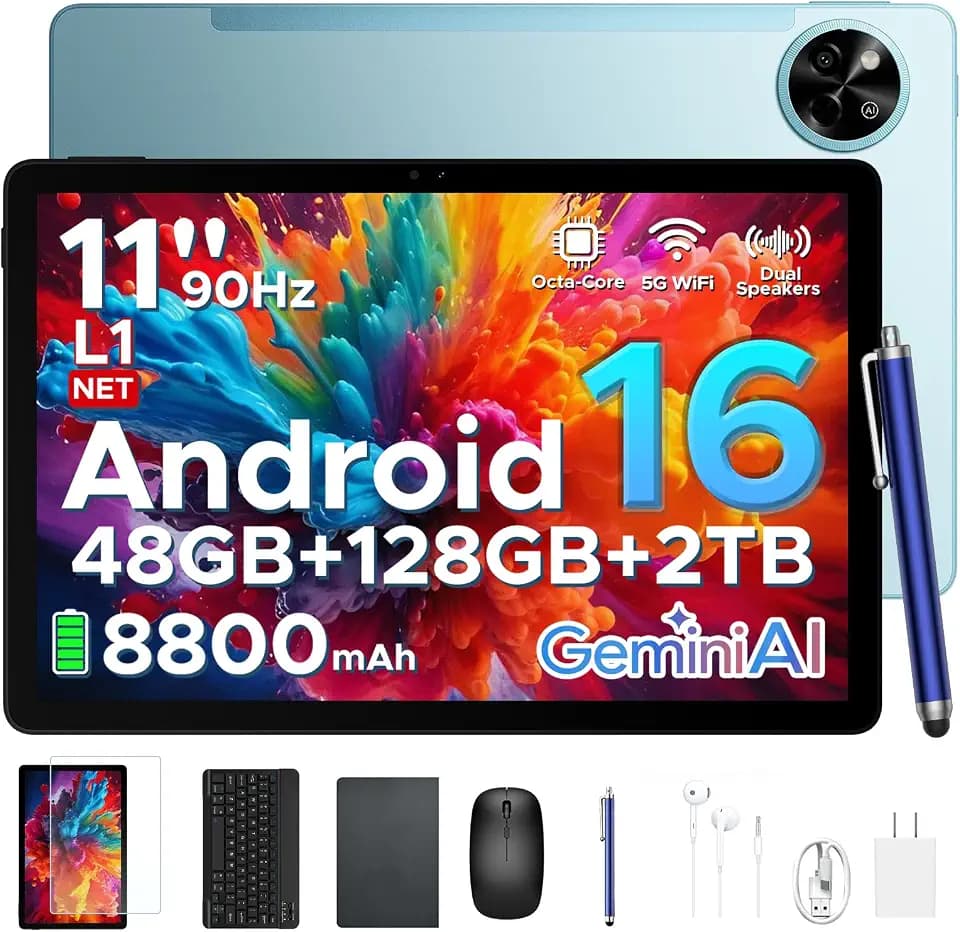 P11 2026 11 Inch Android 16 Tablet with Gemini AI, UNISOC T7250 90Hz Screen, 48GB RAM+128GB ROM, 8800mAh, 5G WiFi, 13MP+5MP, 3.5mm Jack, Face ID, Tablet with Keyboard, Pen, Mouse- Blue