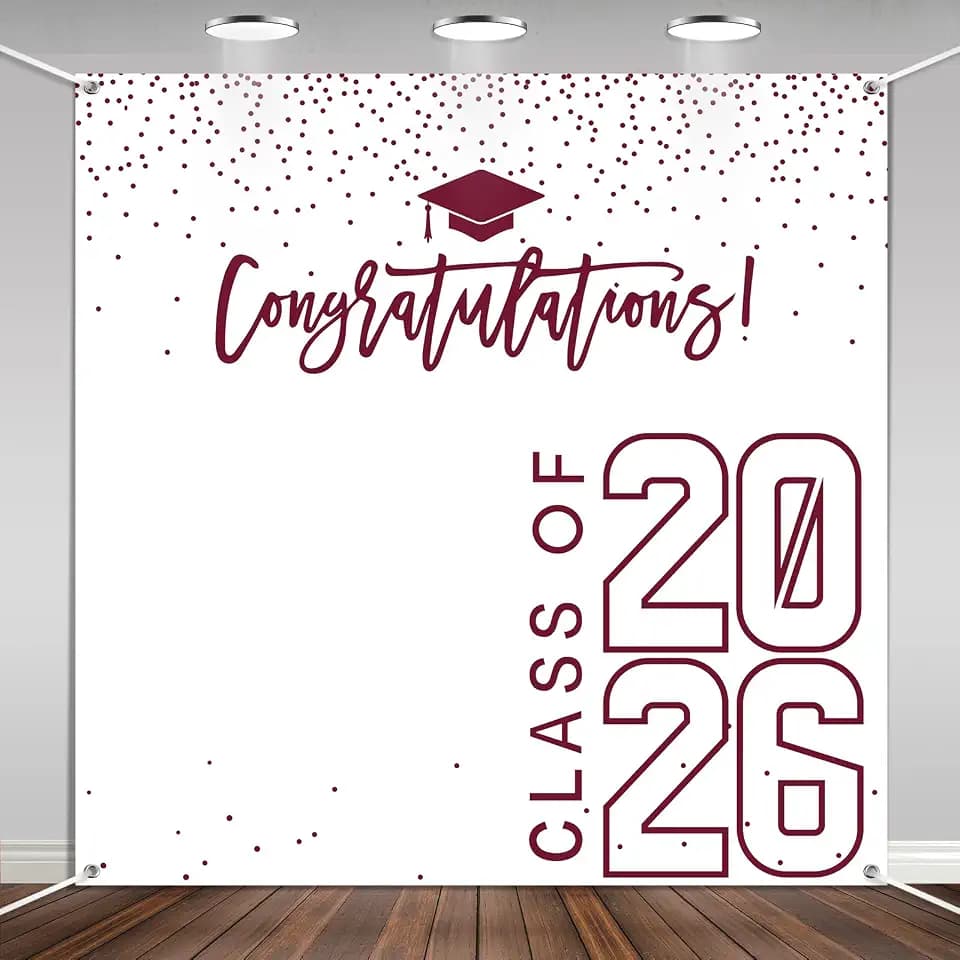 Class of 2026 Graduations Backdrop Congrats Grad Party Photo Background, 6 * 6ft Large Booth Props Congratulations Banner for 2026 Graduation Party Decorations Supplies(White Maroon)