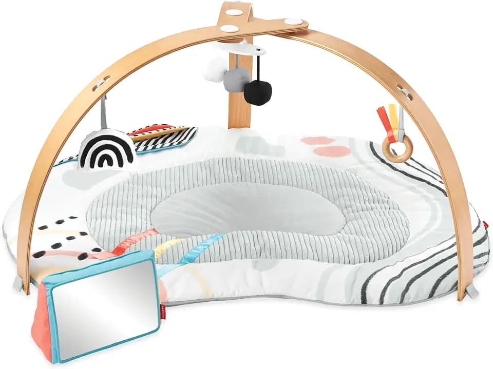 Skip Hop Baby Play Gym Montessori-Inspired 3-in-1 Sensory Tummy Time Activity Mat with 25+ Developmental Activities 4 Toys and 5 Parent Guide Cards with Stage-Based Activities Discoverosity Age 0-2y