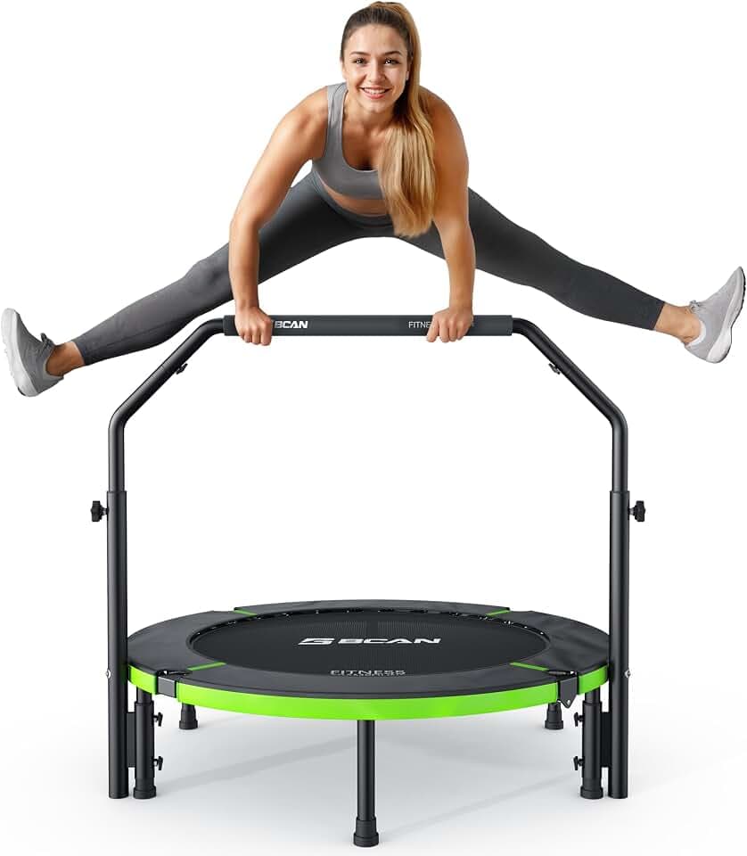 BCAN Trampolin Indoor, 102 cm Jumping Trampolin Fitness, Faltbar, Tragfähigkeit 150 KG, Verstärkte Feder, Verstellbarer Haltegriff mit Schaumstoffpolsterung, Geeignet für Erwachsene und Kinder