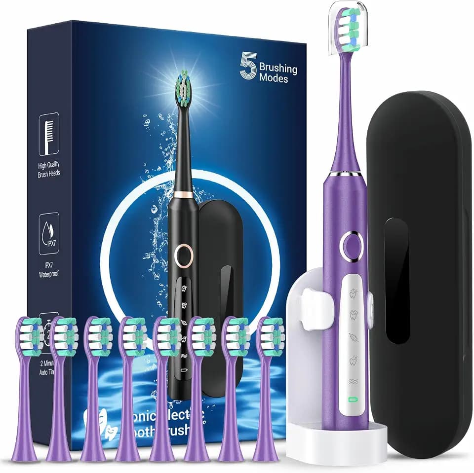 Rtauys M5 Electric Toothbrush for Adults - Sonic Electric Toothbrush for Kids and Adults with 8 Brush Heads & Travel Case, 120 Days Battery Life - Purple