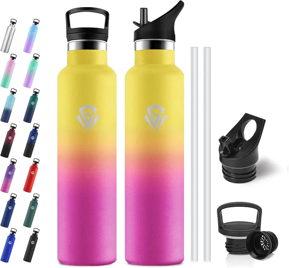 Edelstahl Trinkflasche 1L mit Strohhalm, Doppelwandig Isoliert, BPA-frei, Kohlensäure Geeignet, für Picknick, Schule, Fitness, Büro