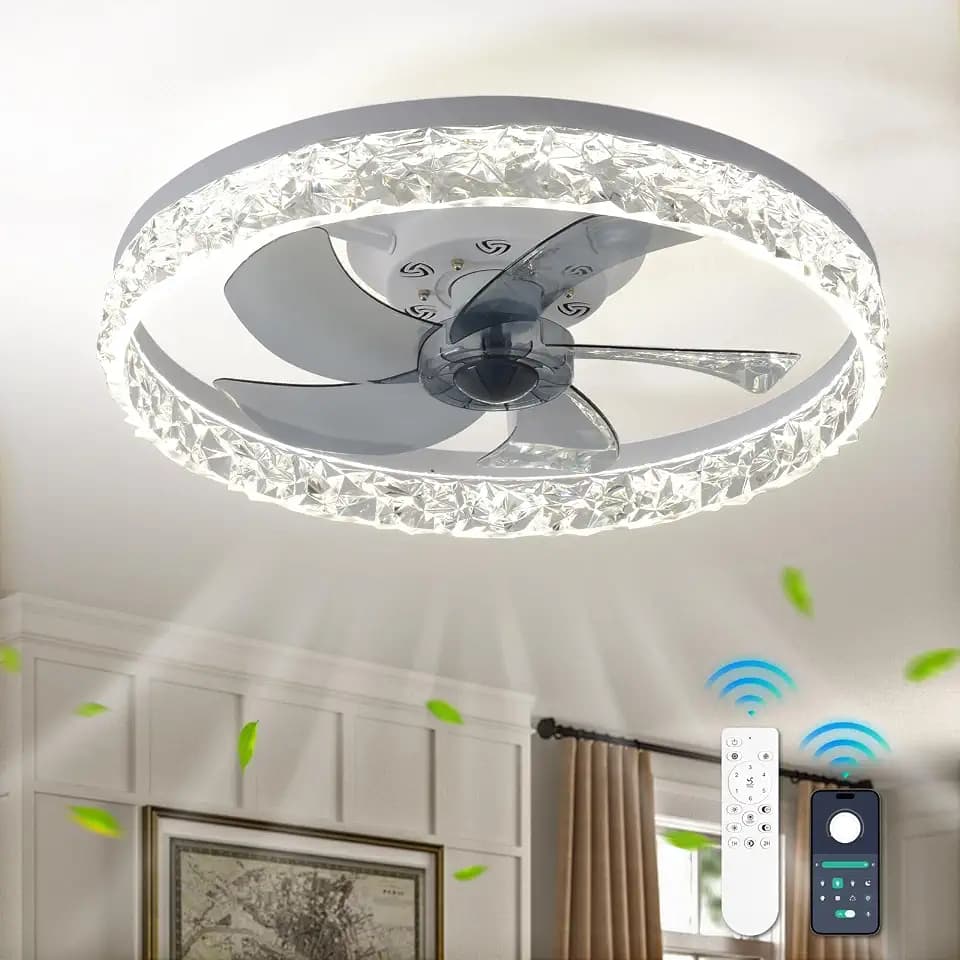 FRIXCHUR 19.7" White Crystal Ceiling Fan with Light Remote 6 Speeds
