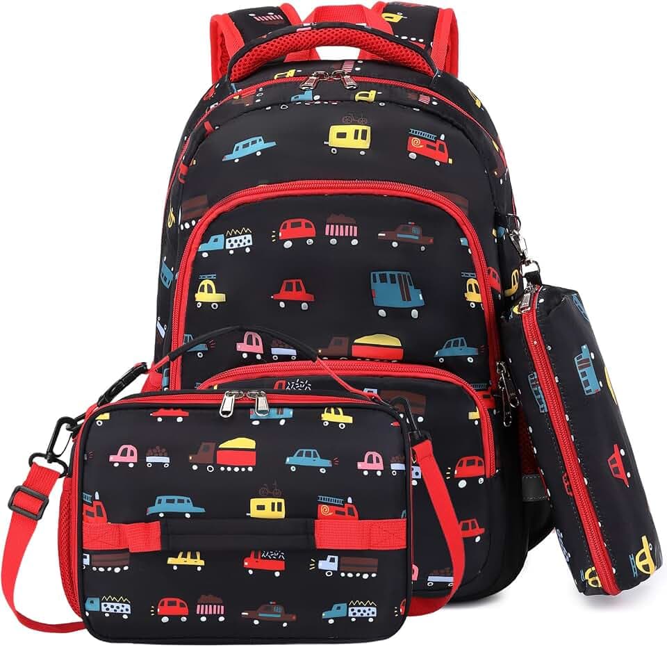 mygreen Kids Backpack Set, 3-in-1 School Backpack with Lunch Box & Pencil Case for Boys Girls, Lightweight Durable for Daycare, Picnic, Outdoor Travel Black Red Car