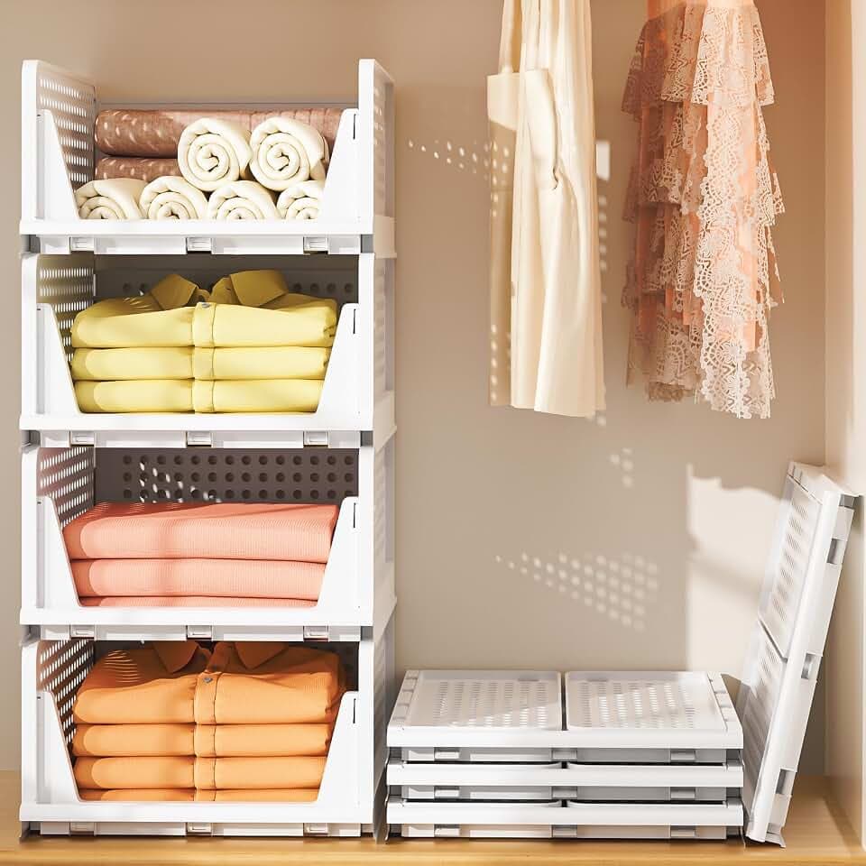 Schrank Organizer Kleiderschrank,4 Stück stapelbar Schubladen Organizer Kleidung, Ausziehbar Faltbare Ordnungssystem Kleiderschrank für Kleidung Schlafzimmer Küche Spielzeug Organizer,Weiß
