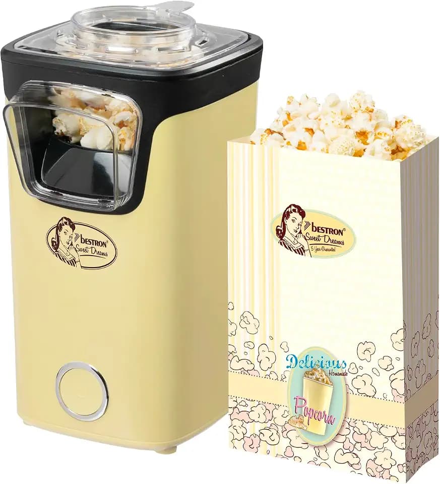 Bestron Popcornmaker, Turbo-Popcorn in unter 2 Minuten, Popcornmaschine mit Heißlufttechnologie, inkl. 10x Popcorntüten & integrierten Messbecher, Sweet Dreams Kollektion, Farbe: Gelb