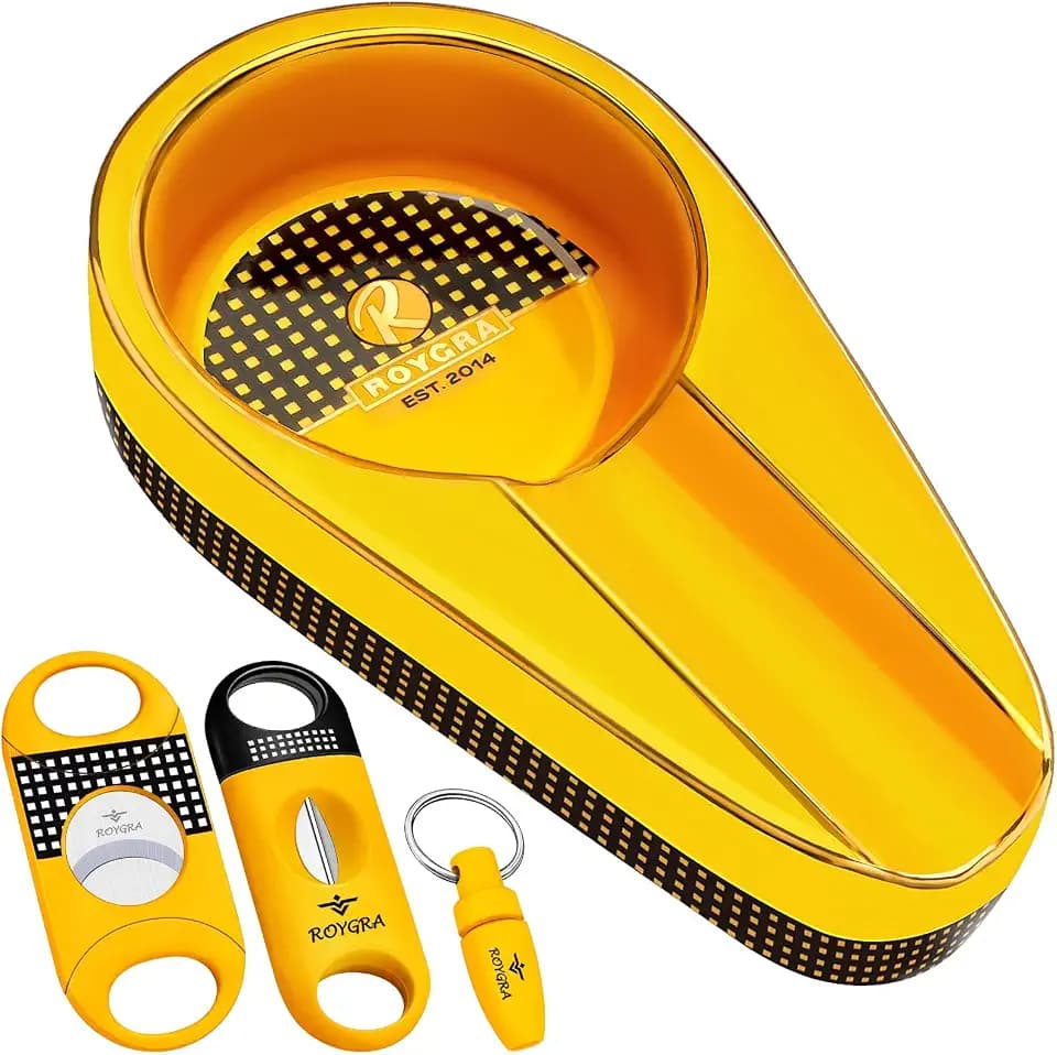 roygra Zigarren Aschenbecher mit Zigarrenschneider Set, Handgefertigter vergoldeter Keramikaschenbecher mit Vergrößerung Guillotine, Vergrößern V-Cut, Zigarrenstanzer (Orange)
