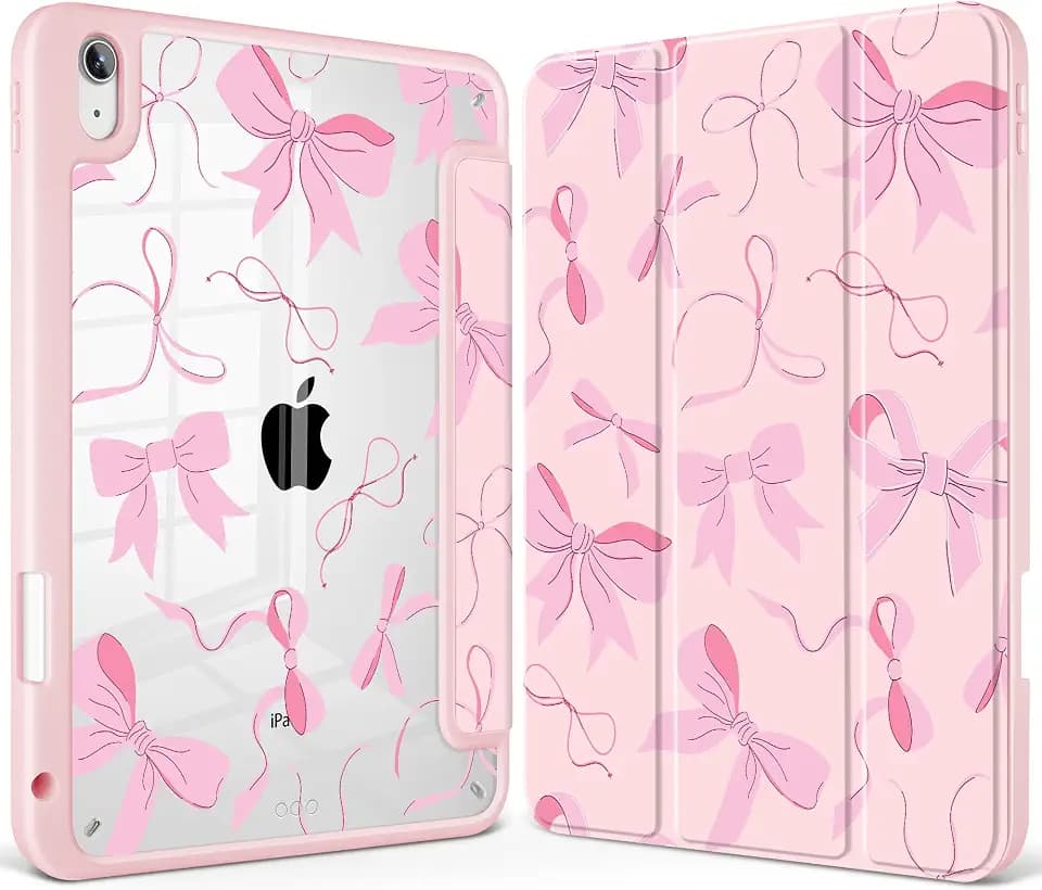 May Chen for iPad Air 11-inch M4/M3/M2 (2026/2025/2024), iPad Air 5th/4th 10.9 Inch - Shockproof Cover with Clear Back Shell & Penceil Holder Auto Wake/Sleep Stand Cover, Bows Pink