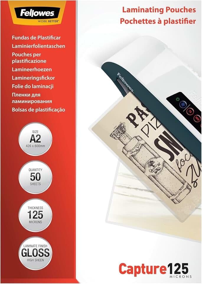 Fellowes Glossy Pouches A2 50 pcs. 125 m� pellicola per plastificatrice (Fellowes A2 125Mic Pouch 50)