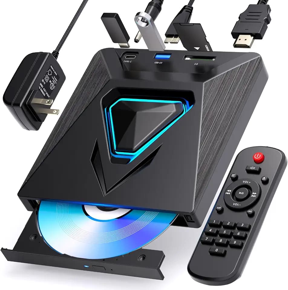 Dainty 6-in-1 CD DVD Drive for TV-External Mini CD/DVD Drive with HDMI AV Output, USB/TF Reader. Universal DVD Player forTV/Monitors/PCs/Laptops,Player for Home Theater Stereo System(Black)