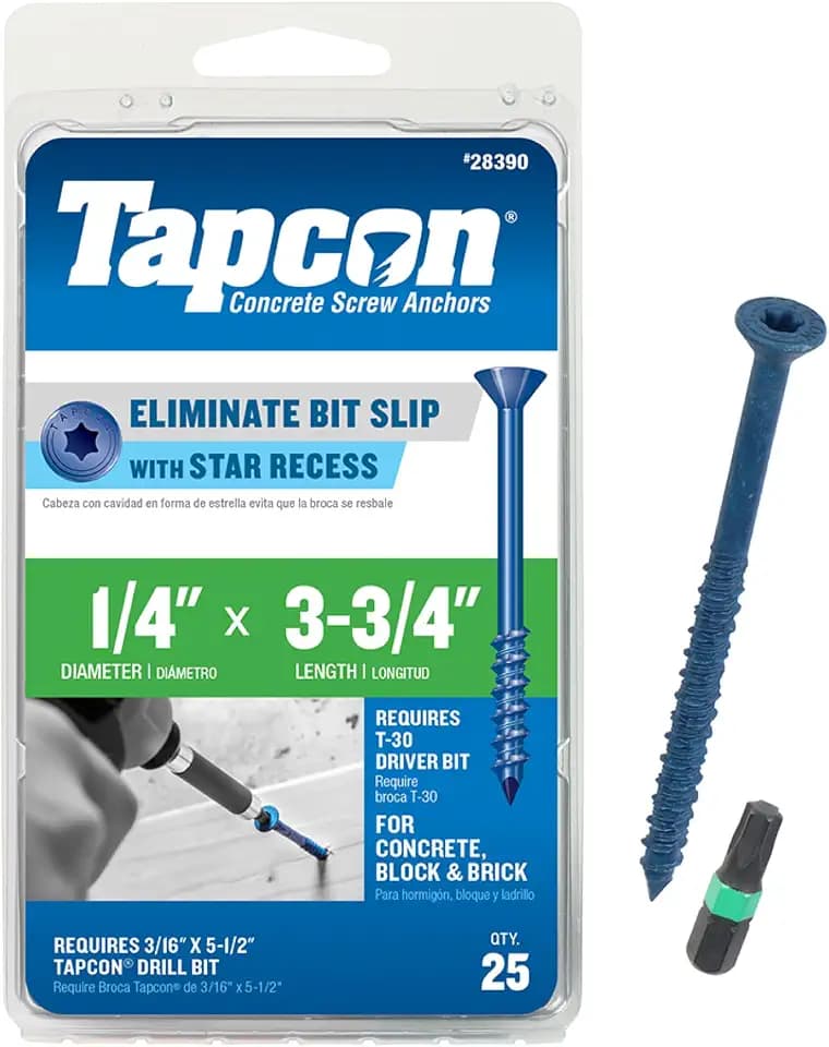 Tapcon 1/4 x 3-3/4 Inch Blue Climaseal® Star Head Concrete Anchors, 25 PCS, Corrosion Resistant Coating, Heavy-Duty Concrete and Masonry Screws, Superior Holding Strength, Drill Bit Sold Separately