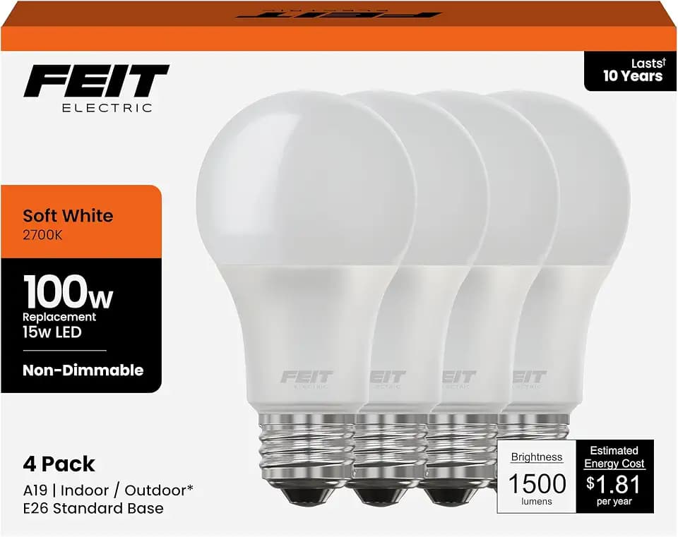 Feit Electric A19 LED Light Bulbs, 100W Equivalent, 1500 Lumens, Soft White 2700K, 15W, 11,000-Hour Lifespan, General Purpose Indoor/Commercial Use, A1600/827/10KLED/4, 4 Pack