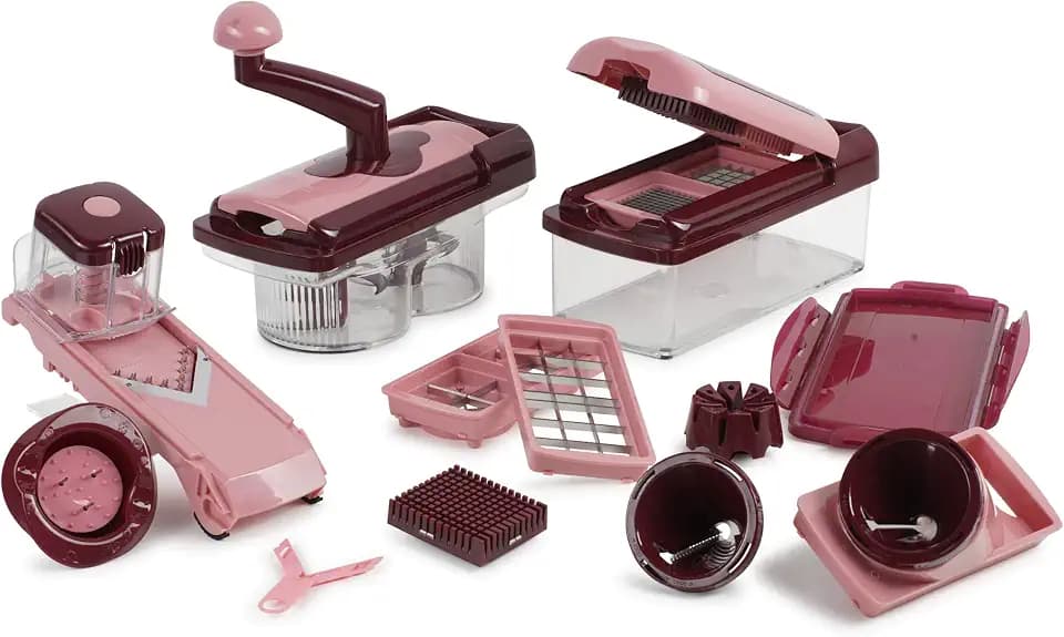 Genius Nicer Dicer Fusion Smart Set (23 Teile) inkl. Twist in rubinrot Alles-Schneider Hobeln Würfeln Julienne Gemüse- & Spiralschneider - Ideal für den gesunden Lebensstil