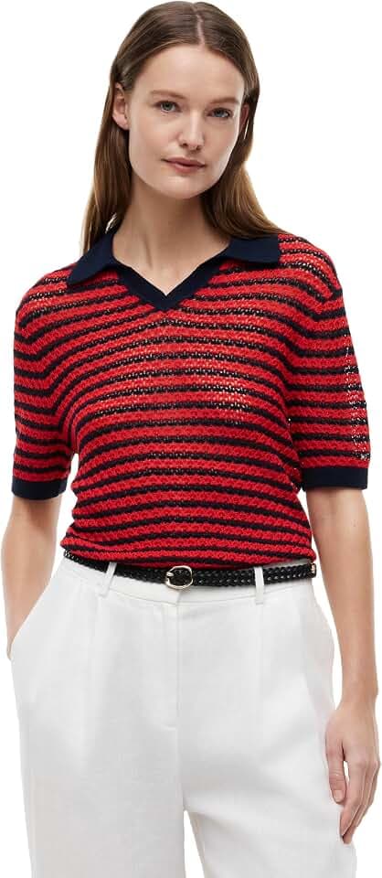 Tommy Hilfiger Women's Short Sleeve Cotton Knit Polo Shirt, Pointelle Knit V-Neck Polo Shirt
